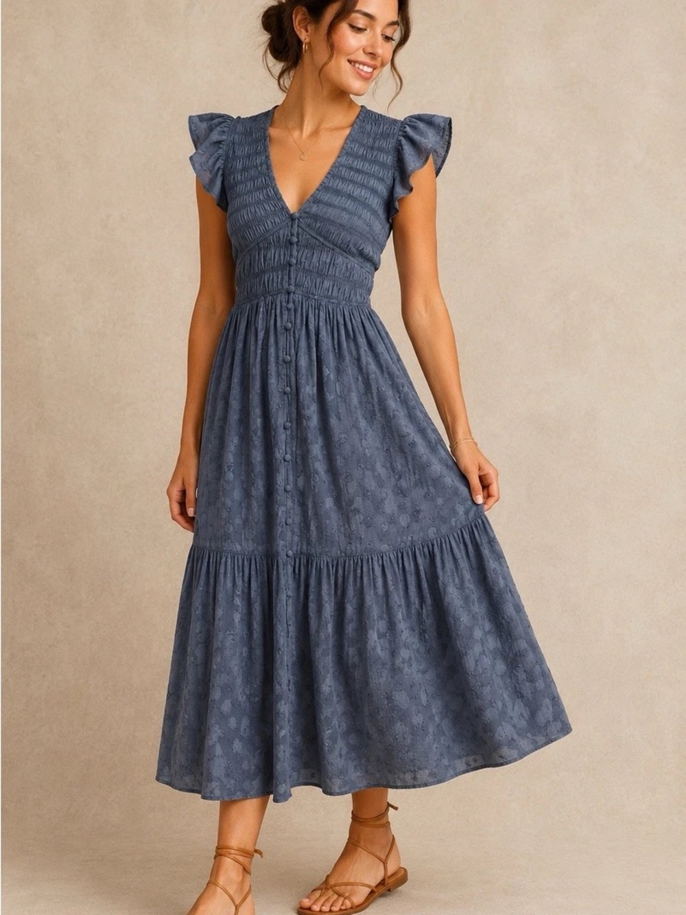 Anthropologie Dusty Blue Textured Button-Front Maxi
Dress